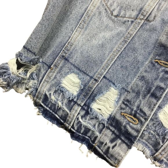 Industries Jeans Jacket Women Sz.Large Blue Denim Long Sleeve Distressed Raw Hem - Picture 3 of 8
